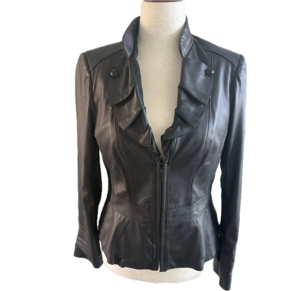 White House Black Market | Black Leather Peplum Jacket w/ pleated collar | sz M